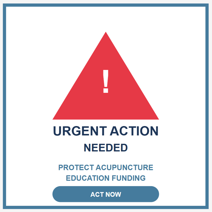 Square image with red triangle and exclamation point exlaiming Urgent action needed - protect acupuncture education funding - Act Now